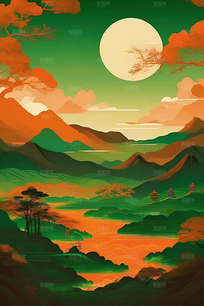 暗橙绿渐变色彩插画
