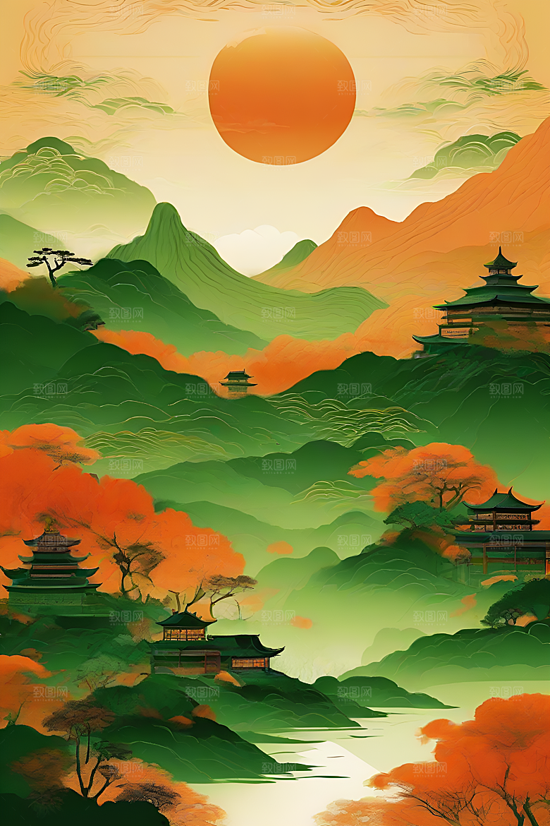 暗橙绿渐变色彩插画
