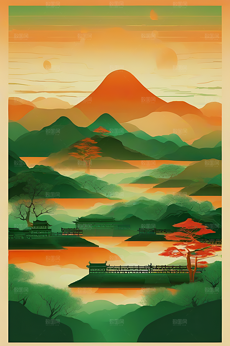 暗橙绿渐变色彩插画