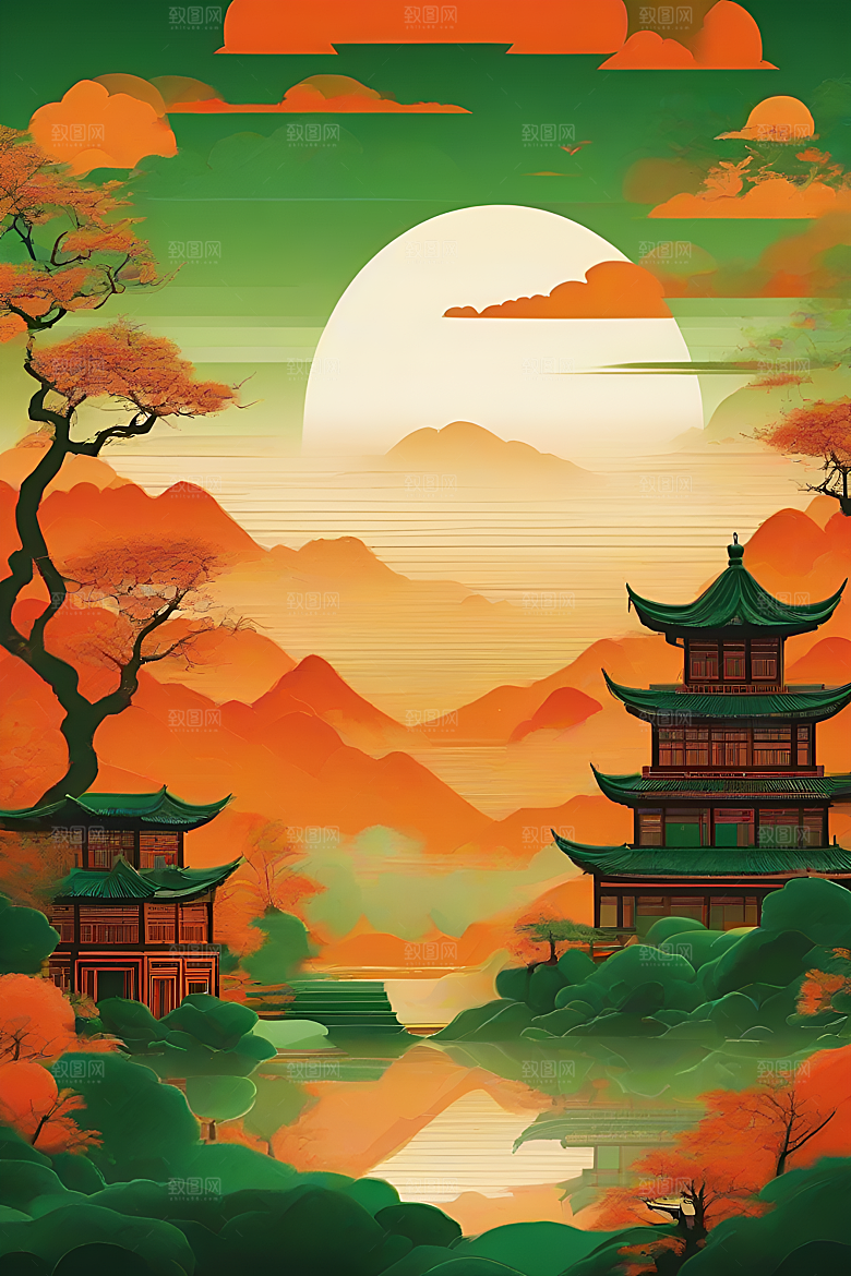 暗橙绿渐变色彩插画