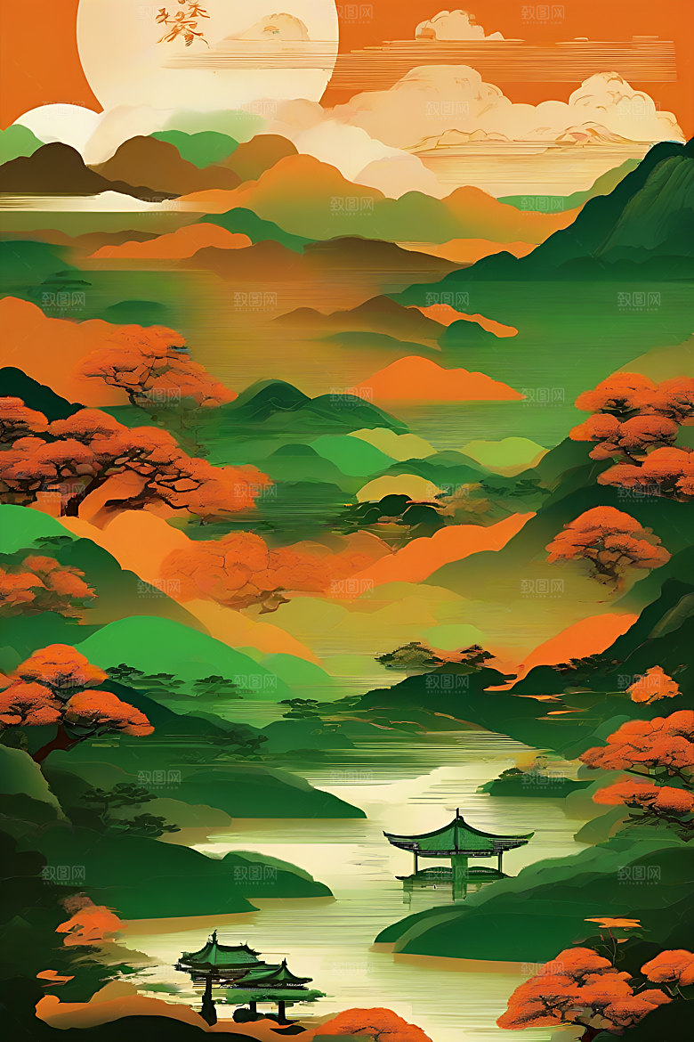 暗橙绿渐变色彩插画