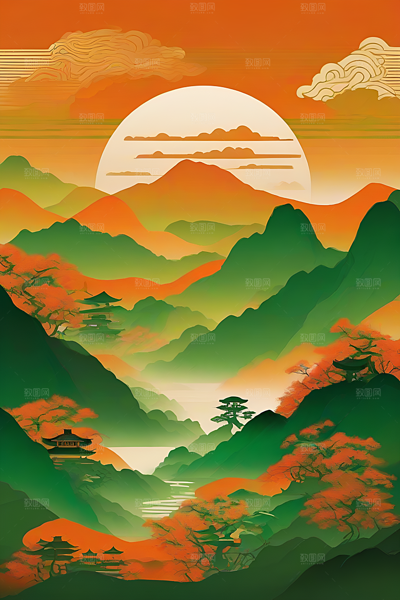 暗橙绿渐变色彩插画