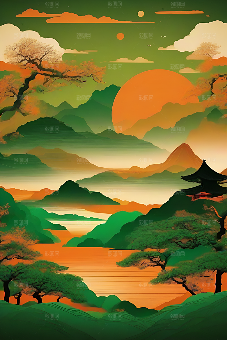 暗橙绿渐变色彩插画