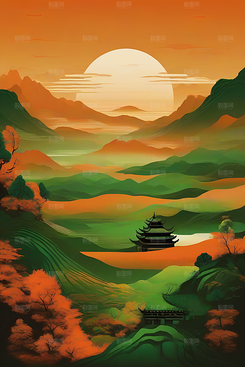 暗橙绿渐变色彩插画
