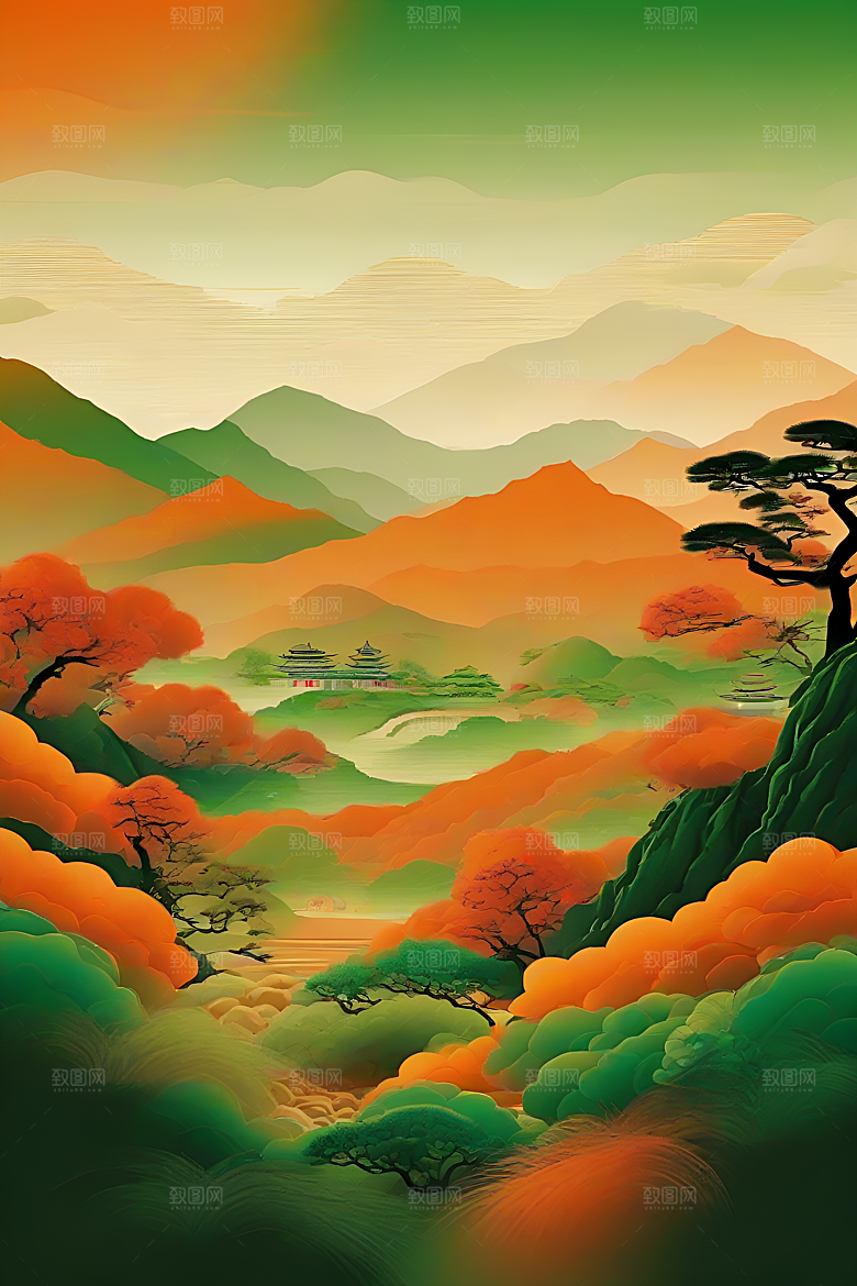 暗橙绿渐变色彩插画
