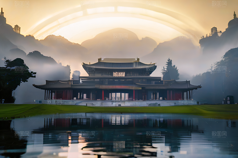 金色水晶宫殿浓雾中的迷幻之光