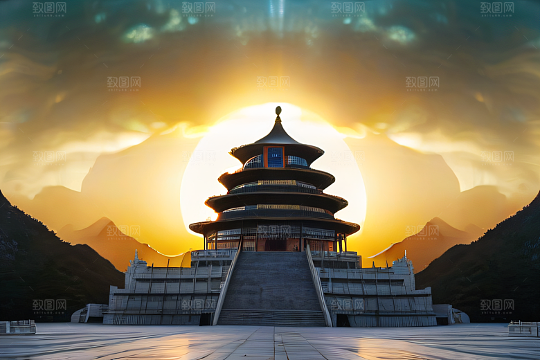 金色水晶宫殿浓雾中的迷幻之光