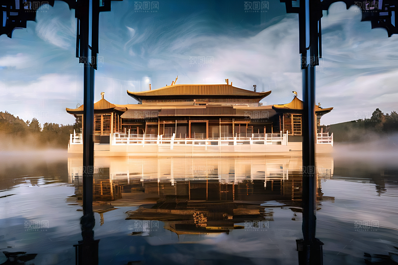 金色水晶宫殿浓雾中的迷幻之光