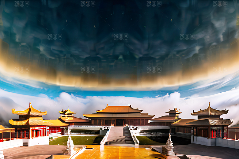 金色水晶宫殿浓雾中的迷幻之光