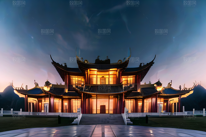 金色水晶宫殿浓雾中的迷幻之光