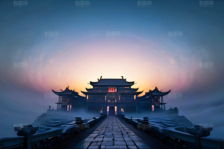 金色水晶宫殿浓雾中的迷幻之光