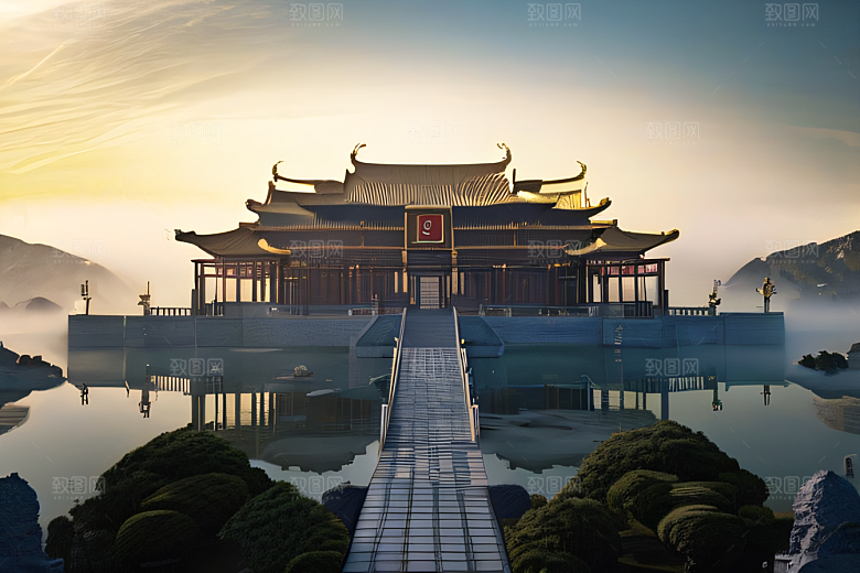 金色水晶宫殿浓雾中的迷幻之光