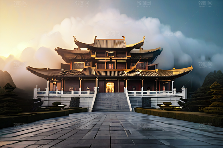 金色水晶宫殿浓雾中的迷幻之光