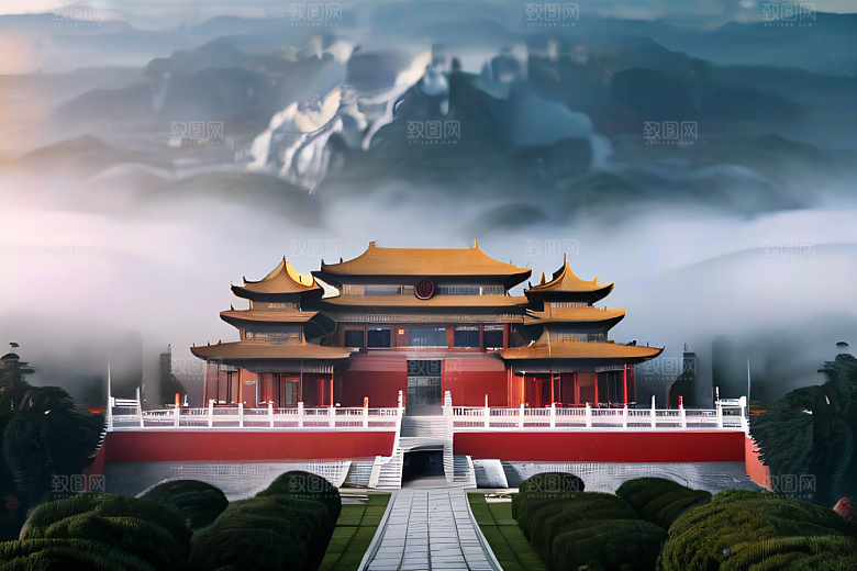 金色水晶宫殿浓雾中的迷幻之光