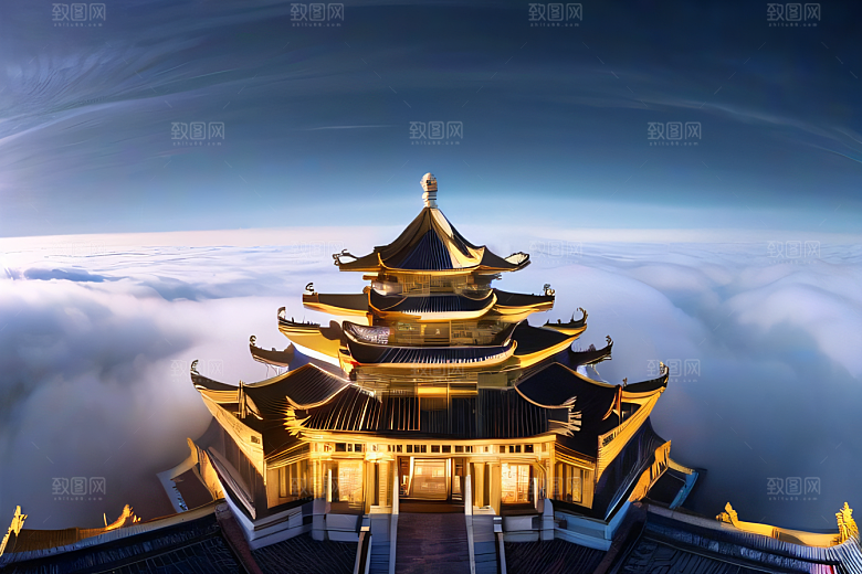金色水晶宫殿浓雾中的迷幻之光