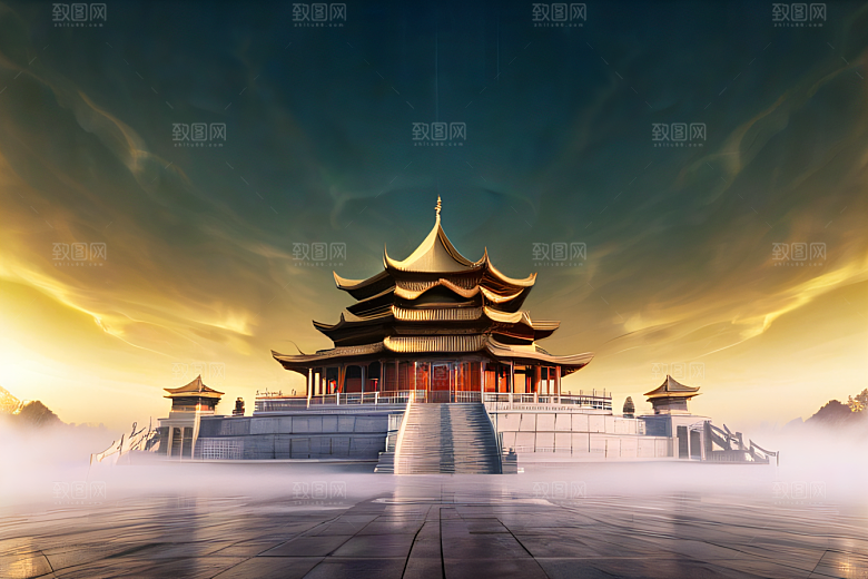 金色水晶宫殿浓雾中的迷幻之光