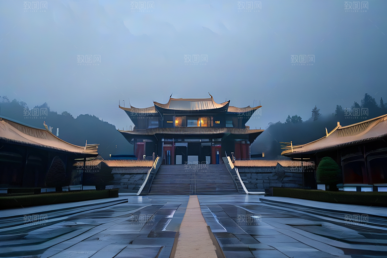 金色水晶宫殿浓雾中的迷幻之光