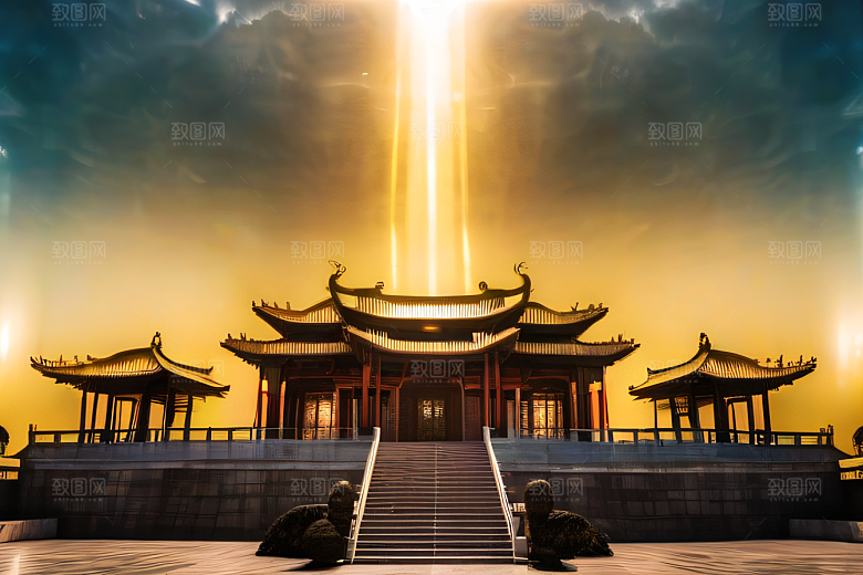 金色水晶宫殿浓雾中的迷幻之光