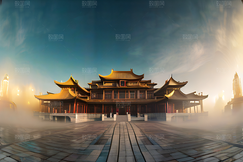 金色水晶宫殿浓雾中的迷幻之光