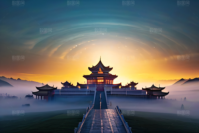 金色水晶宫殿浓雾中的迷幻之光