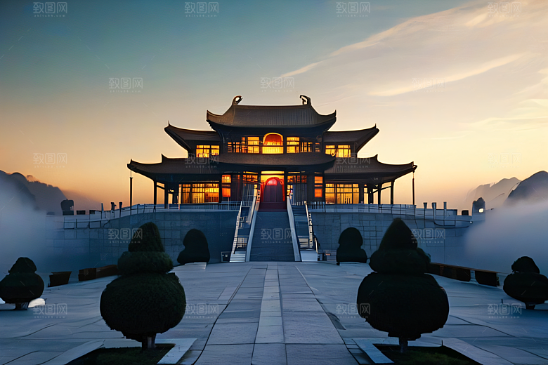 金色水晶宫殿浓雾中的迷幻之光