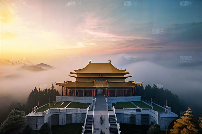 金色水晶宫殿浓雾中的迷幻之光