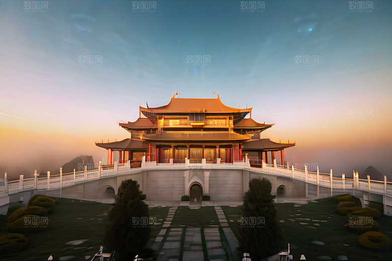 金色水晶宫殿浓雾中的迷幻之光