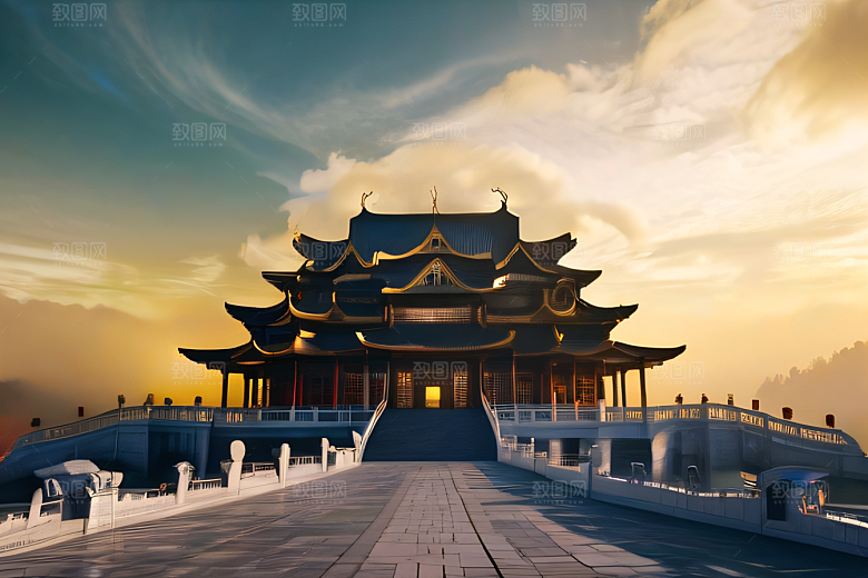 金色水晶宫殿浓雾中的迷幻之光