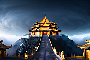 金色水晶宫殿浓雾中的迷幻之光