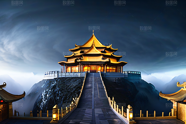 金色水晶宫殿浓雾中的迷幻之光