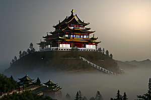 金色水晶宫殿浓雾中的迷幻之光