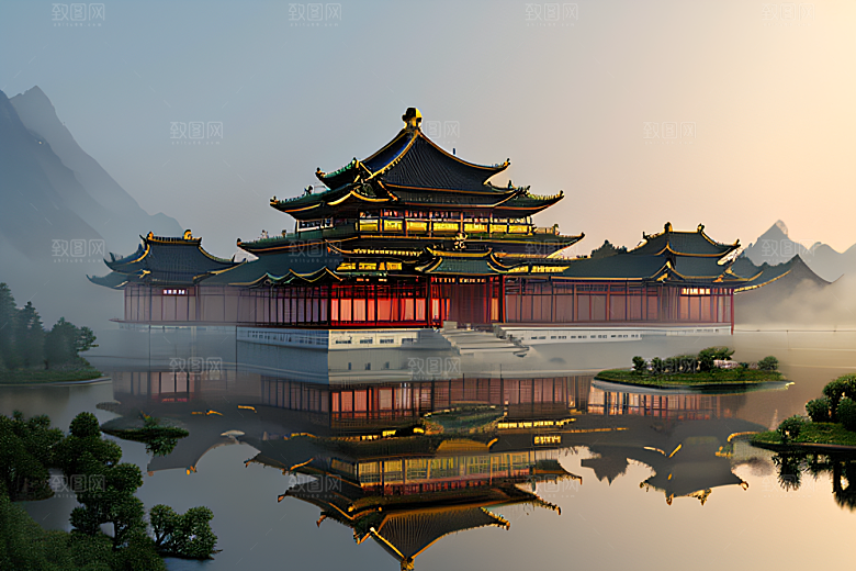 金色水晶宫殿浓雾中的迷幻之光