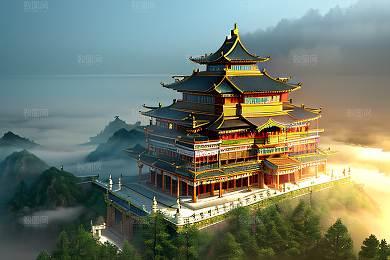 金色水晶宫殿浓雾中的迷幻之光