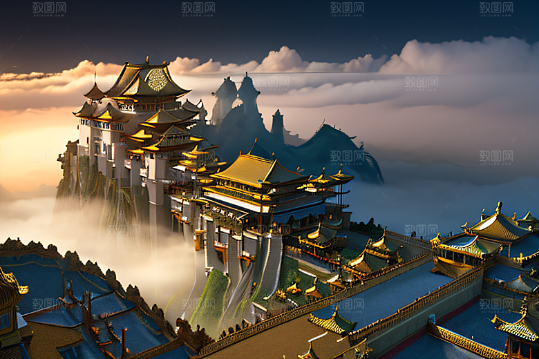 金色水晶宫殿浓雾中的迷幻之光