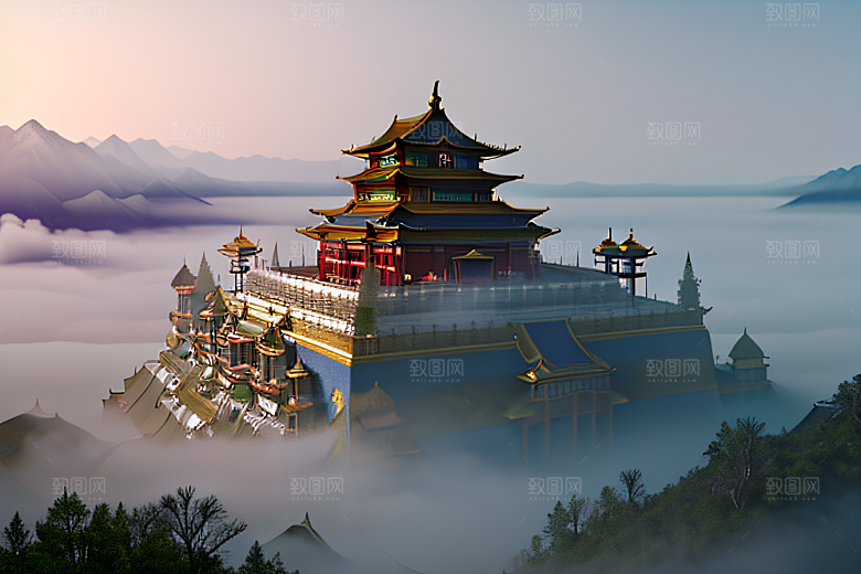 金色水晶宫殿浓雾中的迷幻之光