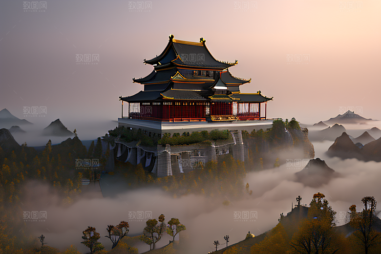 金色水晶宫殿浓雾中的迷幻之光