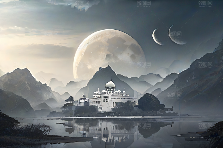 唯美如梦白色云山迷幻中国宫殿