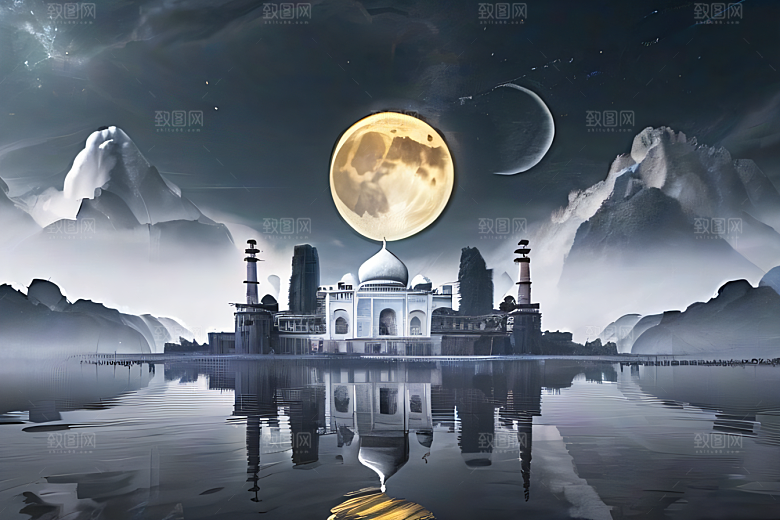 唯美如梦白色云山迷幻中国宫殿