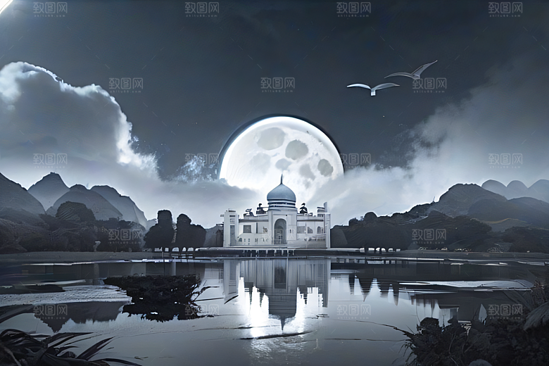 唯美如梦白色云山迷幻中国宫殿