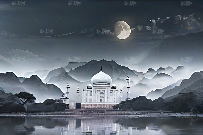 唯美如梦白色云山迷幻中国宫殿