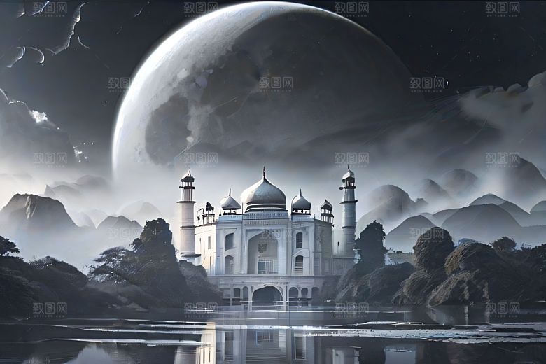唯美如梦白色云山迷幻中国宫殿