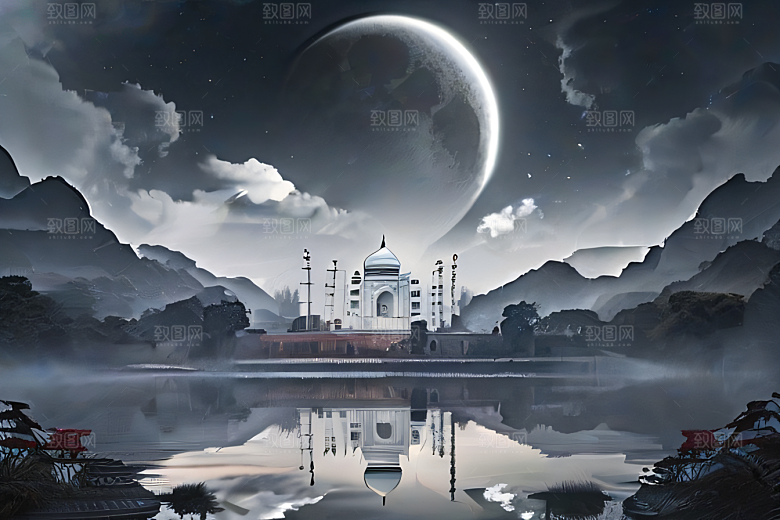 云山之巅宁静唯美白色梦幻宫殿