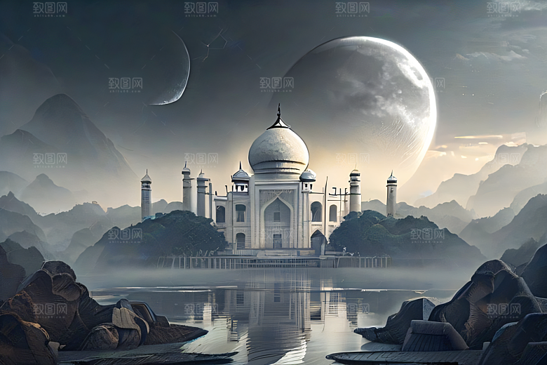 白色梦幻江水倒影超现实宫殿风景