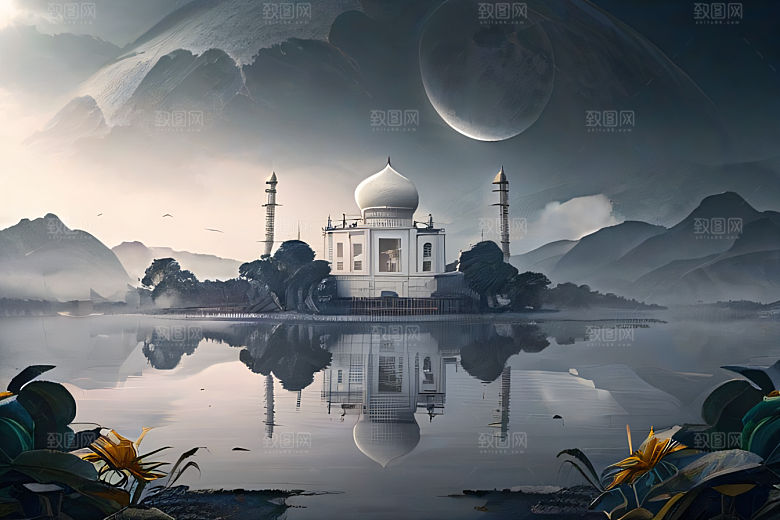 白色梦幻江水倒影超现实宫殿风景