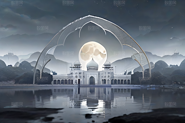 白色梦幻江水倒影超现实宫殿风景