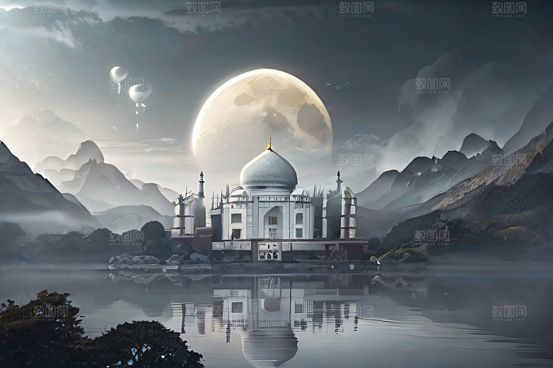 白色梦幻江水倒影超现实宫殿风景