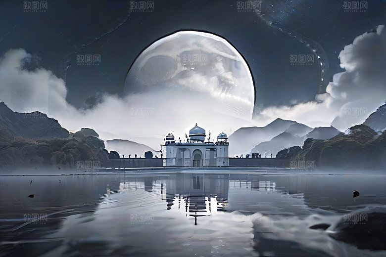 白色梦幻江水倒影超现实宫殿风景
