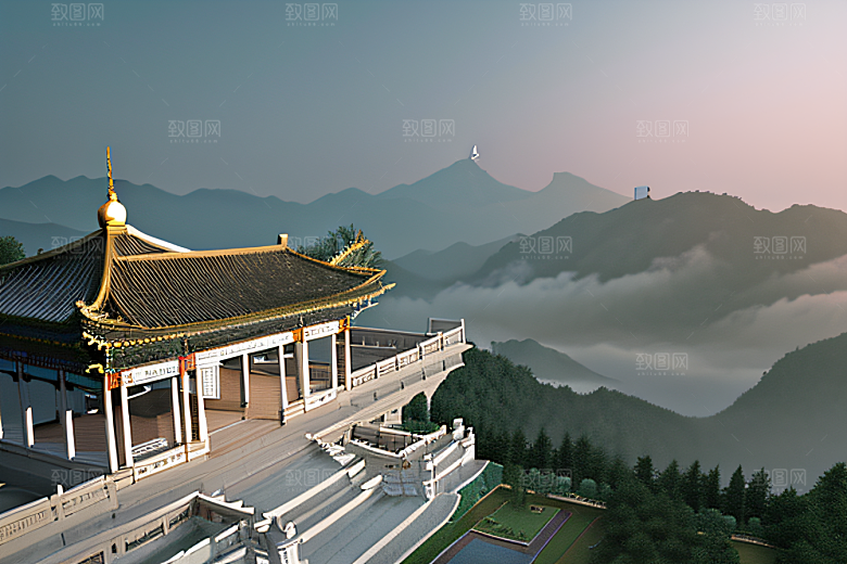 白色梦幻江水倒影超现实宫殿风景