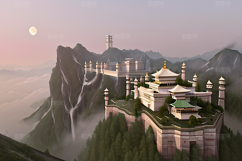 白色梦幻江水倒影超现实宫殿风景