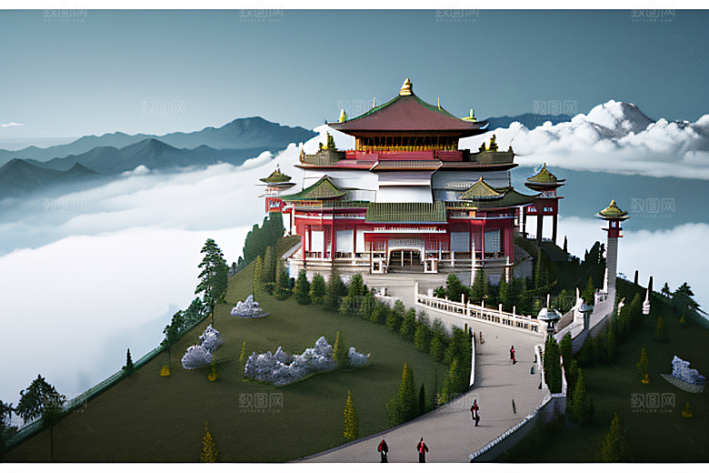 白色梦幻江水倒影超现实宫殿风景